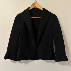 Amanda + Chelsea Black Ponte Feminine Cropped Blazer With Ruffles | Size 6